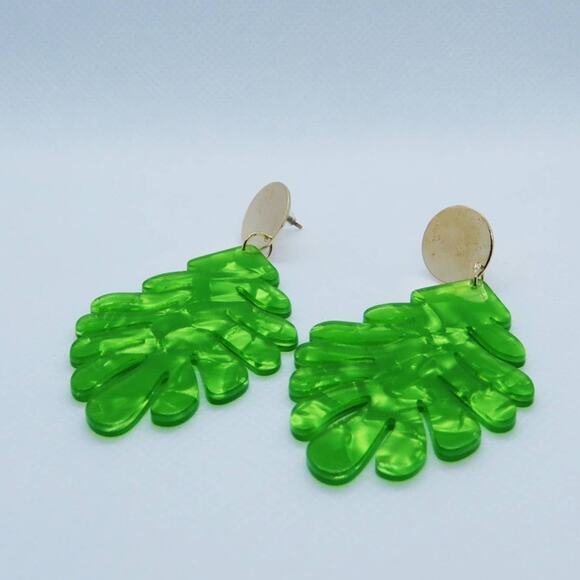 Francesca's Palm Leaf Acrylic Drop Earrings Lime Green Chunky Tropical Earrings - Picture 3 of 5